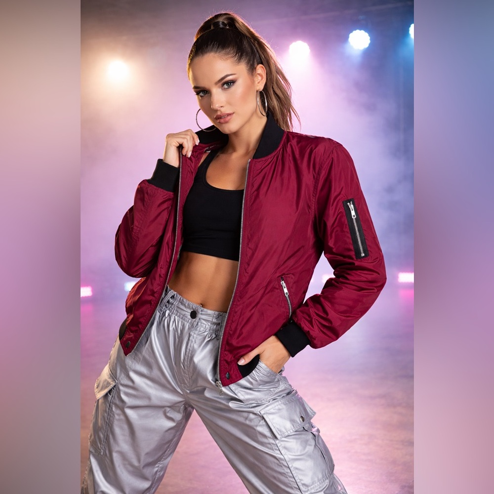 Burgundy Bomber Jacket Hip Hop Dance Costume